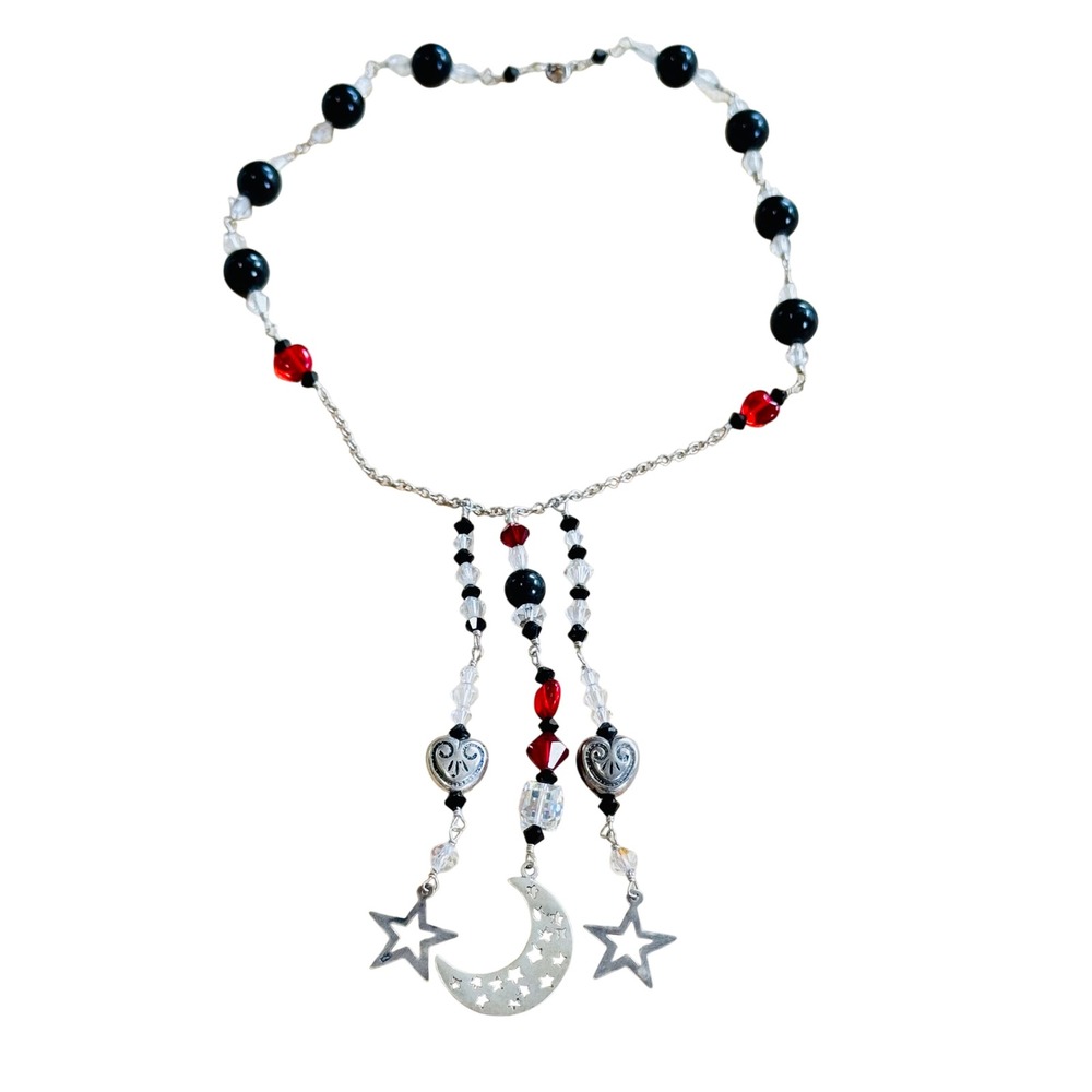 VTG Whimsical Moon Star Heart Necklace Tassel Crystal Onyx Sterling Silver 925
